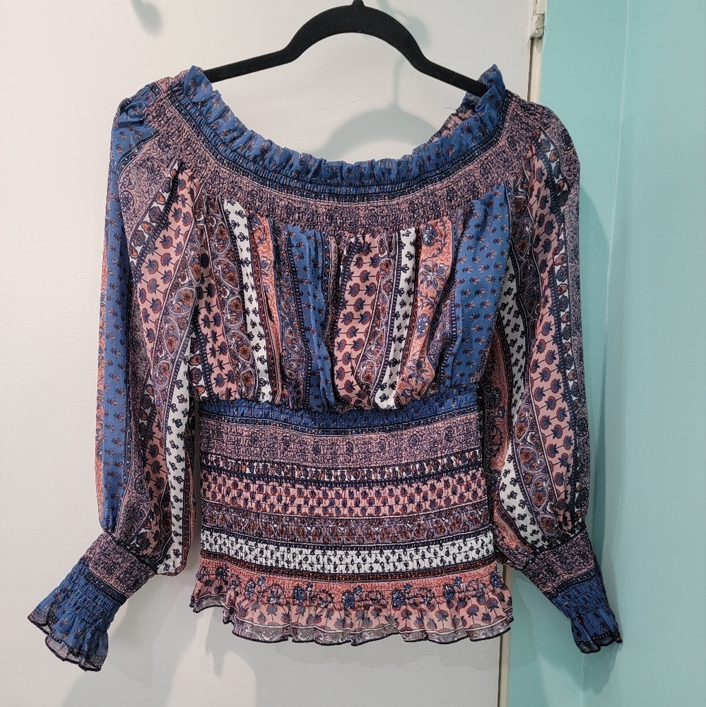 Venus size small blue smocked off the shoulder blouse - Picture 2 of 4